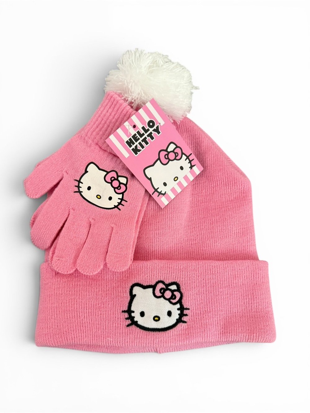 Hello Kitty Pink Pom Beanie and Matching Gloves Set